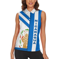 Nicaragua Cultural Art Women Sleeveless Polo Shirt with Blue White Stripes and Indigenous Motif Design - Wonder Print Shop