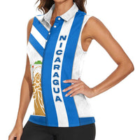 Nicaragua Cultural Art Women Sleeveless Polo Shirt with Blue White Stripes and Indigenous Motif Design - Wonder Print Shop