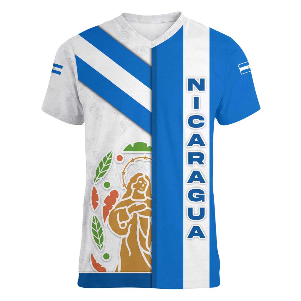 Nicaragua Cultural Art Women V-Neck T-Shirt with Blue White Stripes and Indigenous Motif Design - Wonder Print Shop