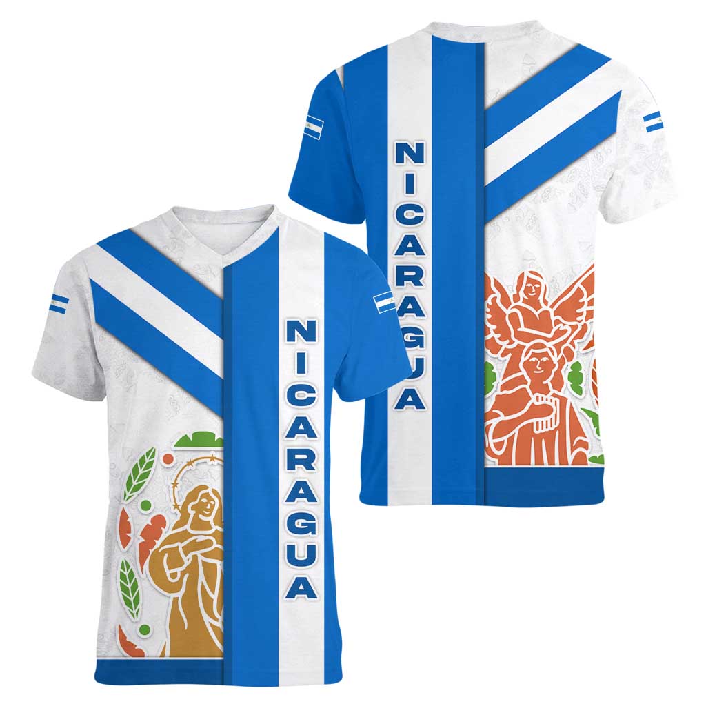 Nicaragua Cultural Art Women V-Neck T-Shirt with Blue White Stripes and Indigenous Motif Design - Wonder Print Shop