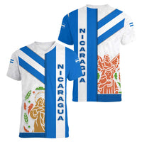 Nicaragua Cultural Art Women V-Neck T-Shirt with Blue White Stripes and Indigenous Motif Design - Wonder Print Shop