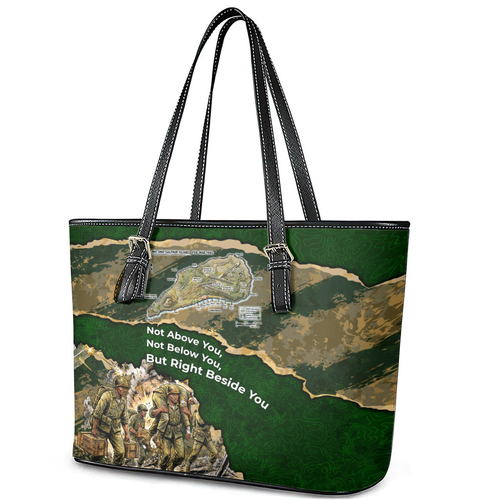 Montford Point Marines Not Above You Leather Tote Bag Iwo Jima Military Map Camouflage Vintage Art