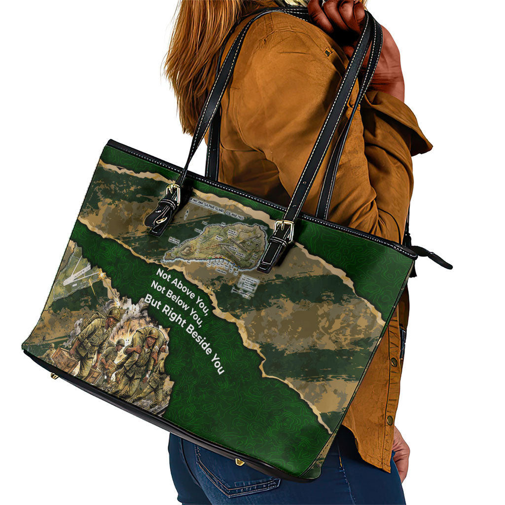 Montford Point Marines Not Above You Leather Tote Bag Iwo Jima Military Map Camouflage Vintage Art