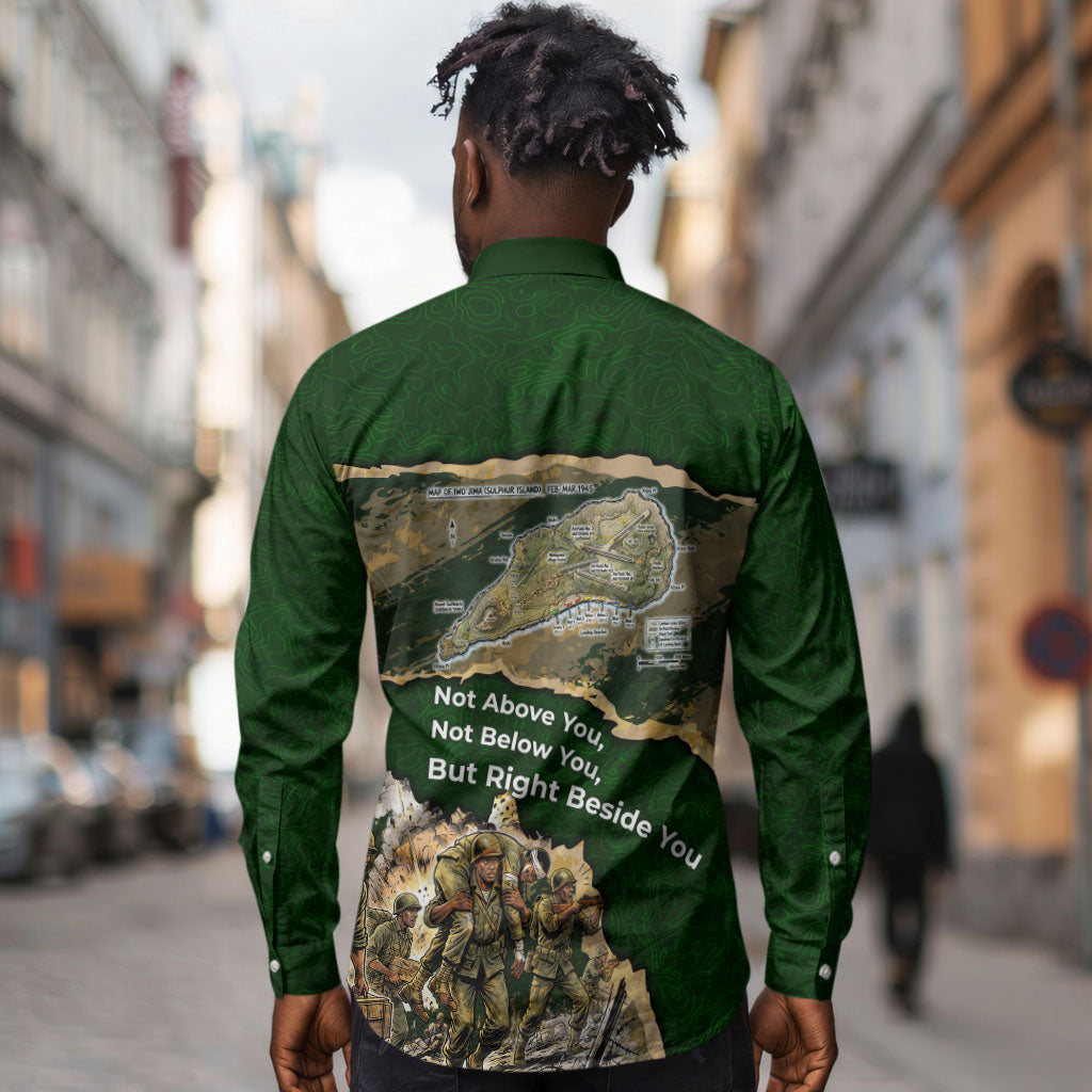 Montford Point Marines Not Above You Long Sleeve Button Shirt Iwo Jima Military Map Camouflage Vintage Art