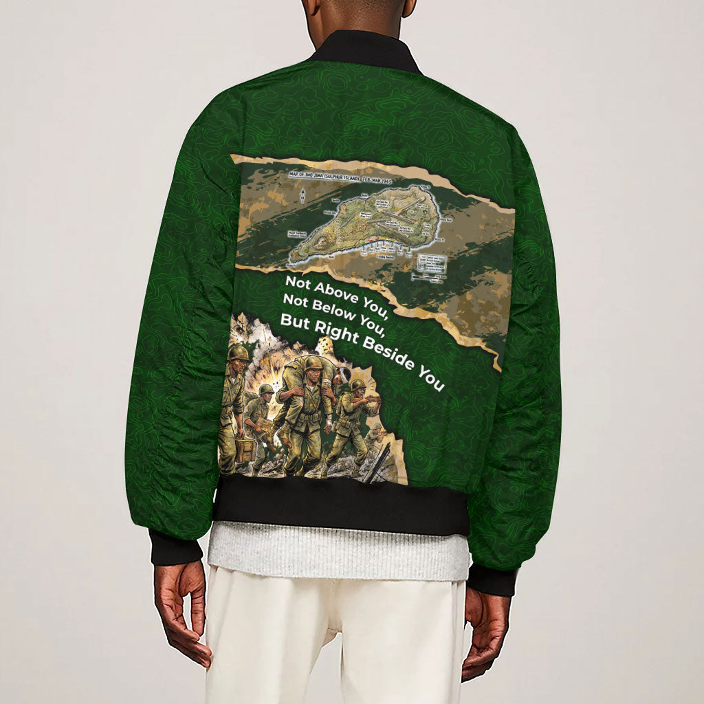 Montford Point Marines Not Above You Sleeve Zip Bomber Jacket Iwo Jima Military Map Camouflage Vintage Art
