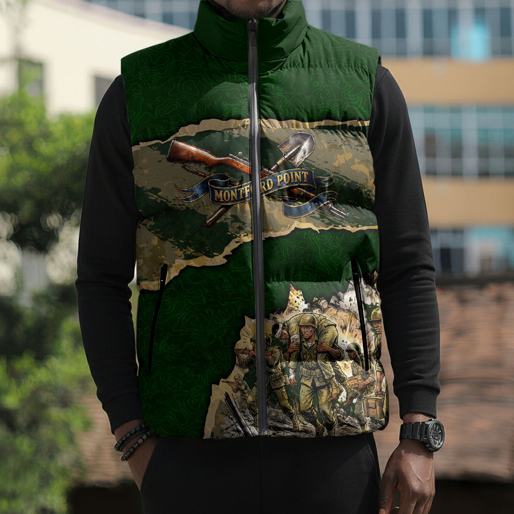 Montford Point Marines Not Above You Sleeveless Puffer Jacket Iwo Jima Military Map Camouflage Vintage Art