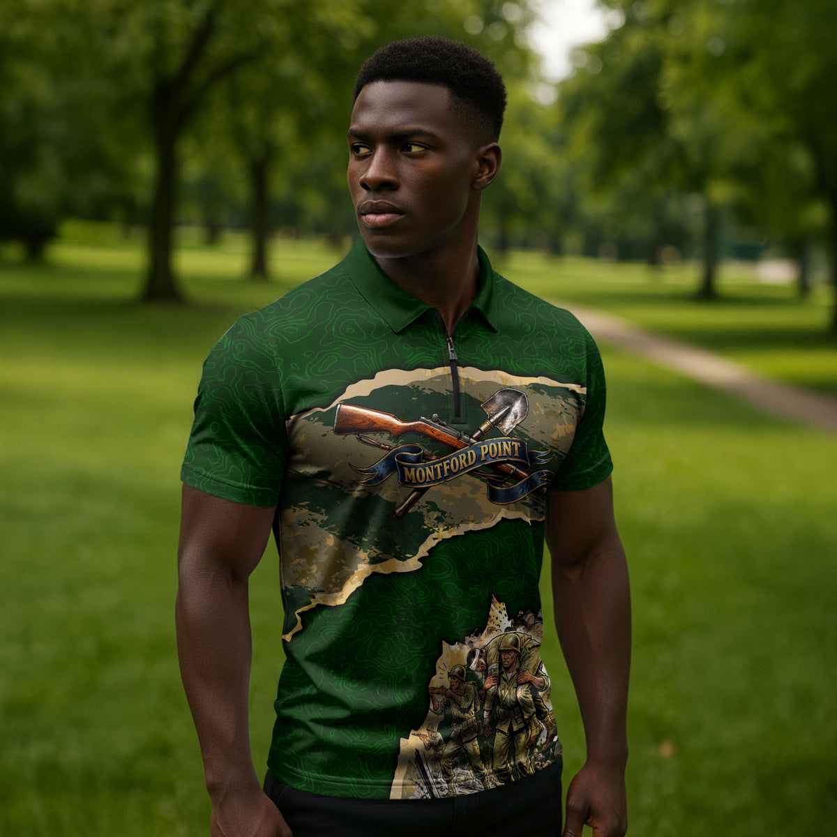 Montford Point Marines Not Above You Zipper Polo Shirt Iwo Jima Military Map Camouflage Vintage Art