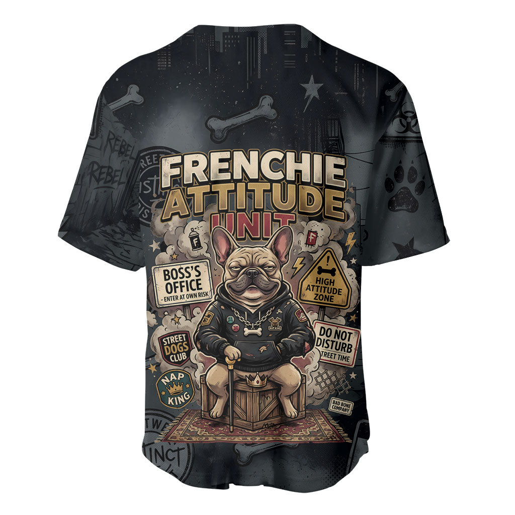 French Bulldog Tiny Body Major Attitude Baseball Jersey Urban Streetwear Cool Frenchie Mascot Art