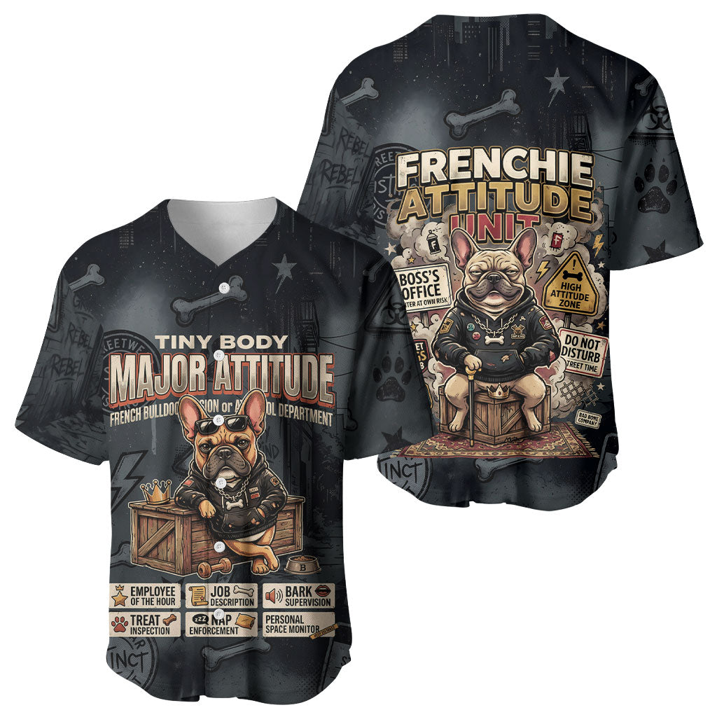 French Bulldog Tiny Body Major Attitude Baseball Jersey Urban Streetwear Cool Frenchie Mascot Art