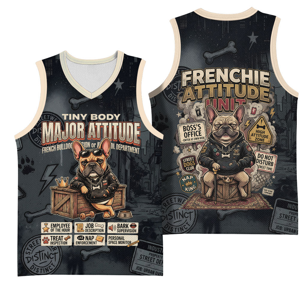 French Bulldog Tiny Body Major Attitude Basketball Jersey Urban Streetwear Cool Frenchie Mascot Art