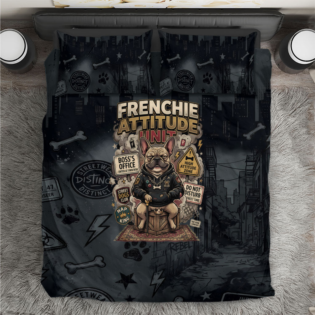 French Bulldog Tiny Body Major Attitude Bedding Set Urban Streetwear Cool Frenchie Mascot Art