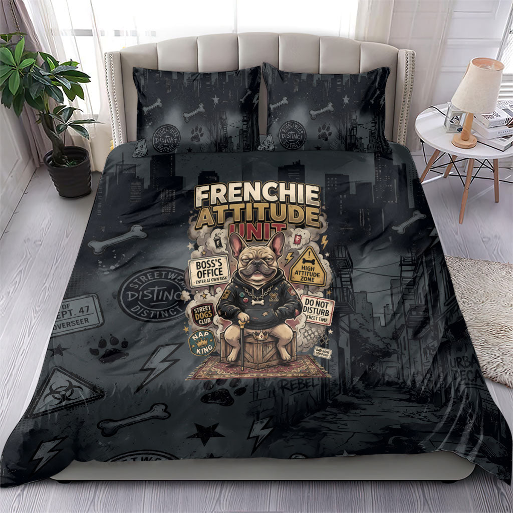 French Bulldog Tiny Body Major Attitude Bedding Set Urban Streetwear Cool Frenchie Mascot Art
