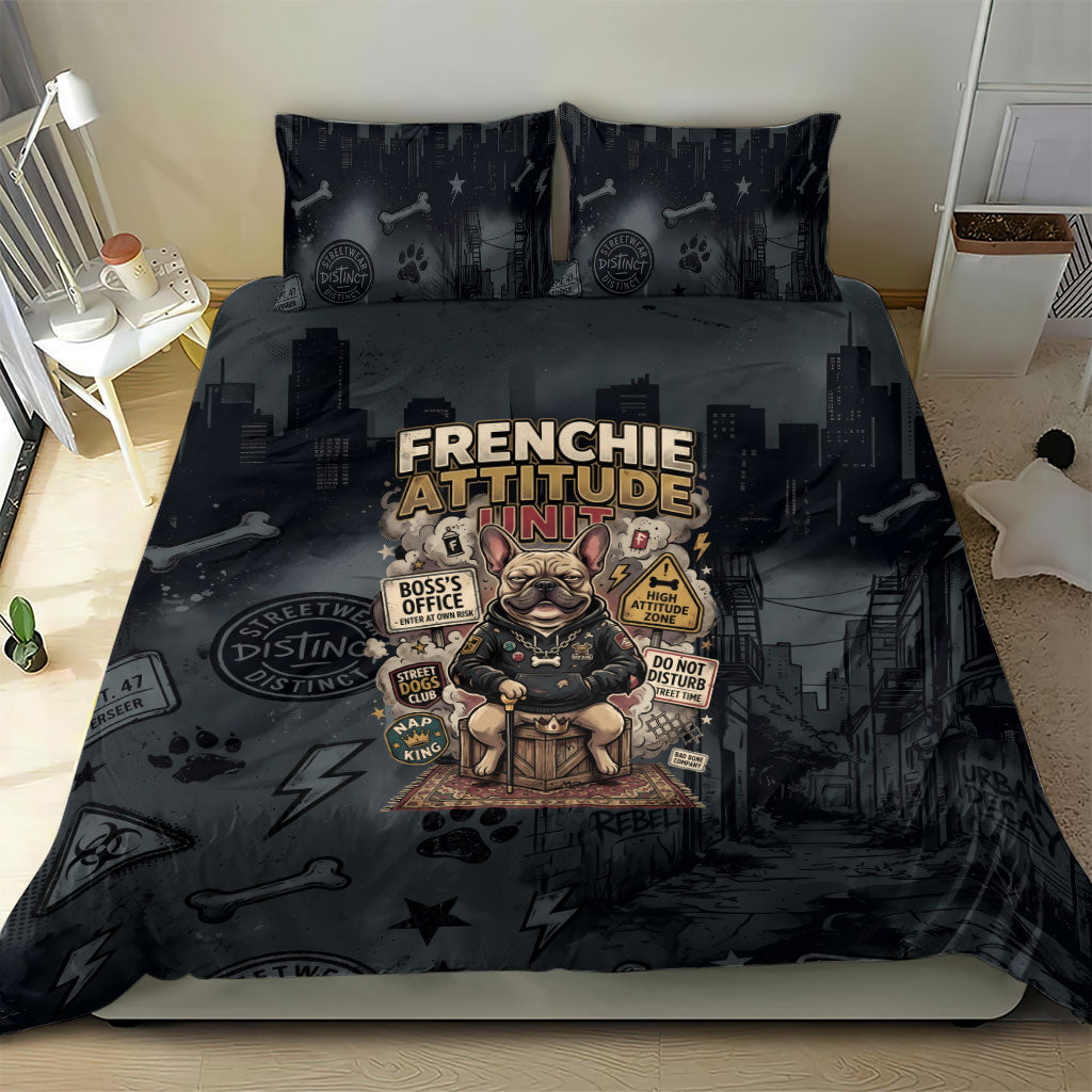 French Bulldog Tiny Body Major Attitude Bedding Set Urban Streetwear Cool Frenchie Mascot Art