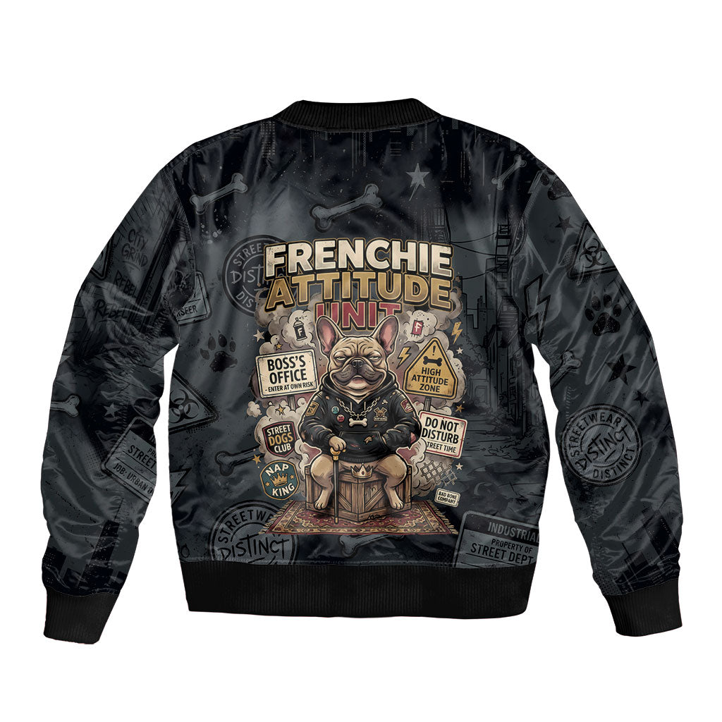 French Bulldog Tiny Body Major Attitude Bomber Jacket Urban Streetwear Cool Frenchie Mascot Art