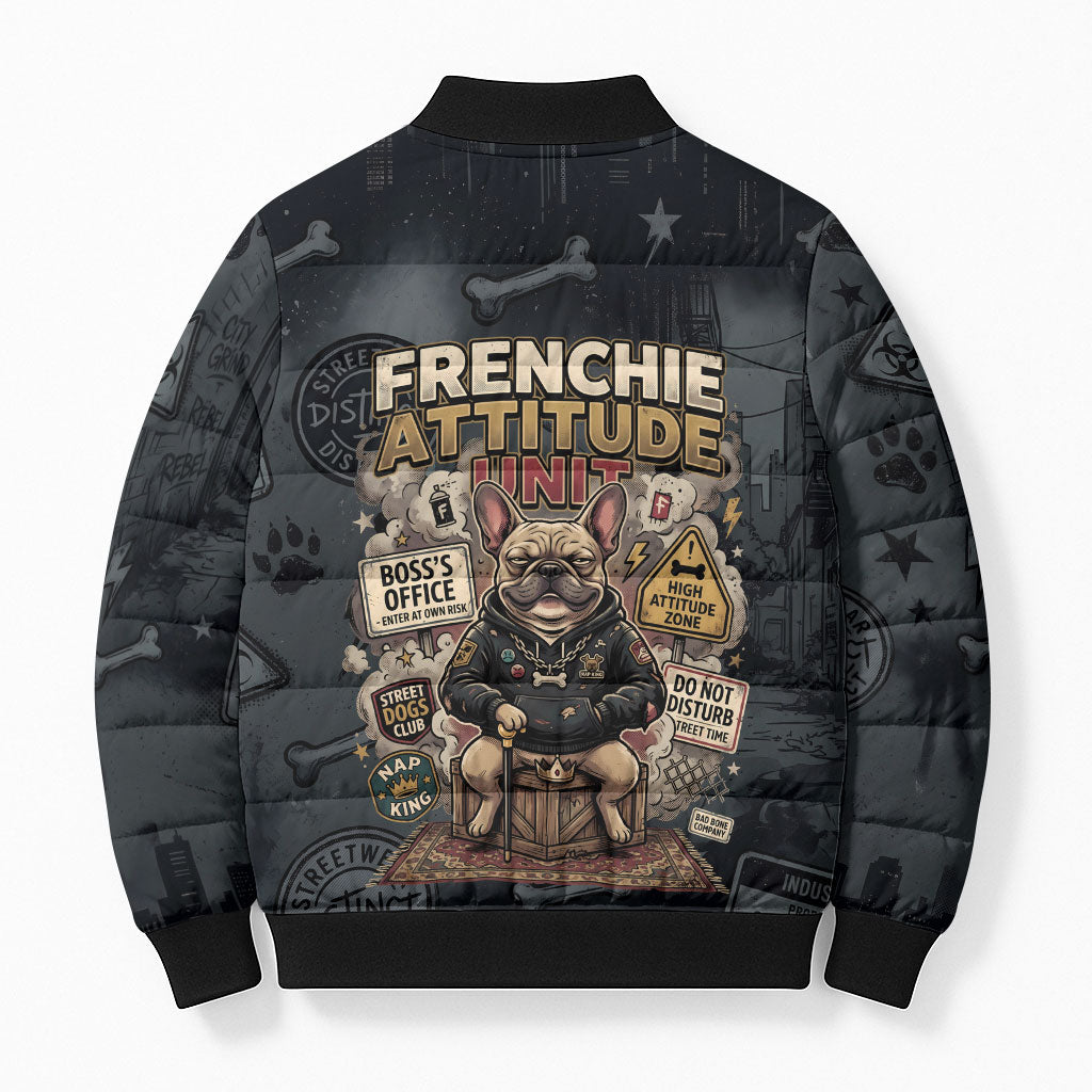 French Bulldog Tiny Body Major Attitude Bomber Puffer Jacket Urban Streetwear Cool Frenchie Mascot Art