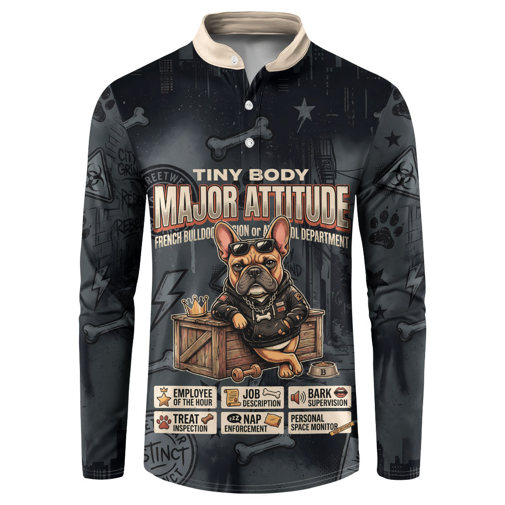 French Bulldog Tiny Body Major Attitude Button Sweatshirt Urban Streetwear Cool Frenchie Mascot Art