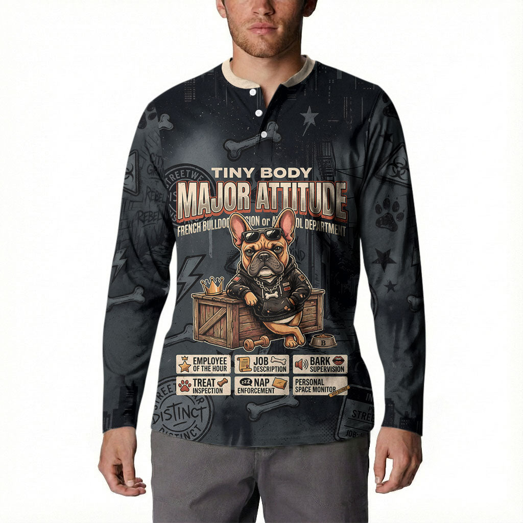 French Bulldog Tiny Body Major Attitude Button Sweatshirt Urban Streetwear Cool Frenchie Mascot Art