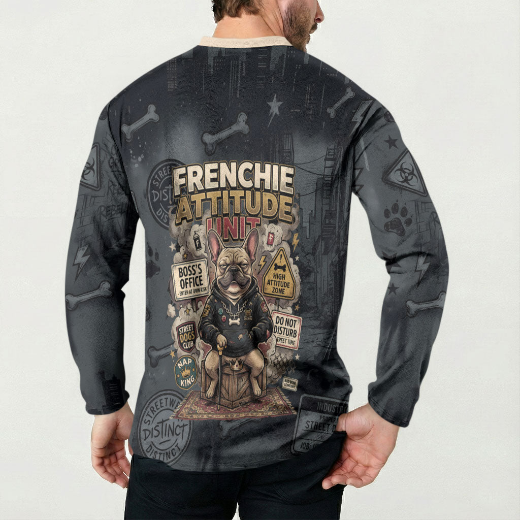 French Bulldog Tiny Body Major Attitude Button Sweatshirt Urban Streetwear Cool Frenchie Mascot Art