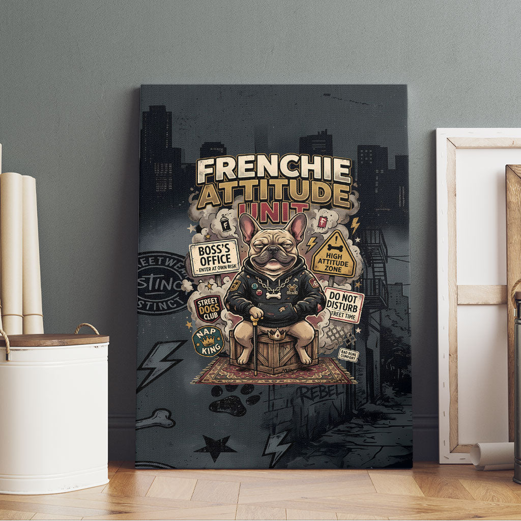 French Bulldog Tiny Body Major Attitude Canvas Wall Art Urban Streetwear Cool Frenchie Mascot Art