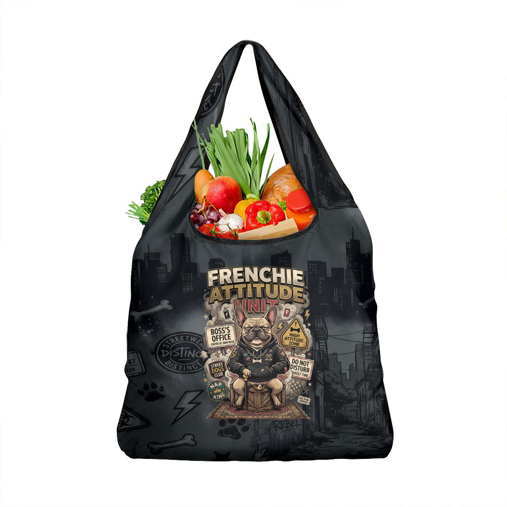 French Bulldog Tiny Body Major Attitude Grocery Bag Urban Streetwear Cool Frenchie Mascot Art