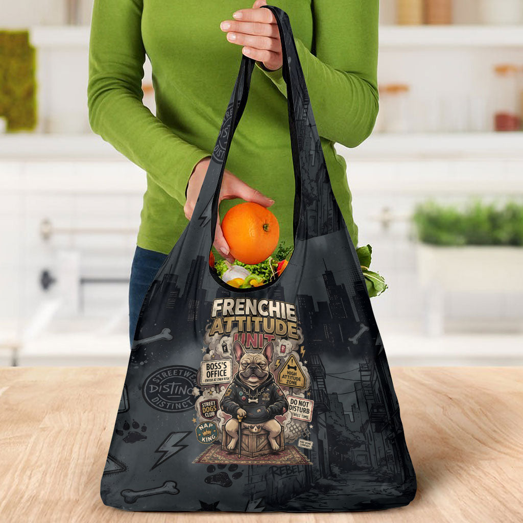 French Bulldog Tiny Body Major Attitude Grocery Bag Urban Streetwear Cool Frenchie Mascot Art