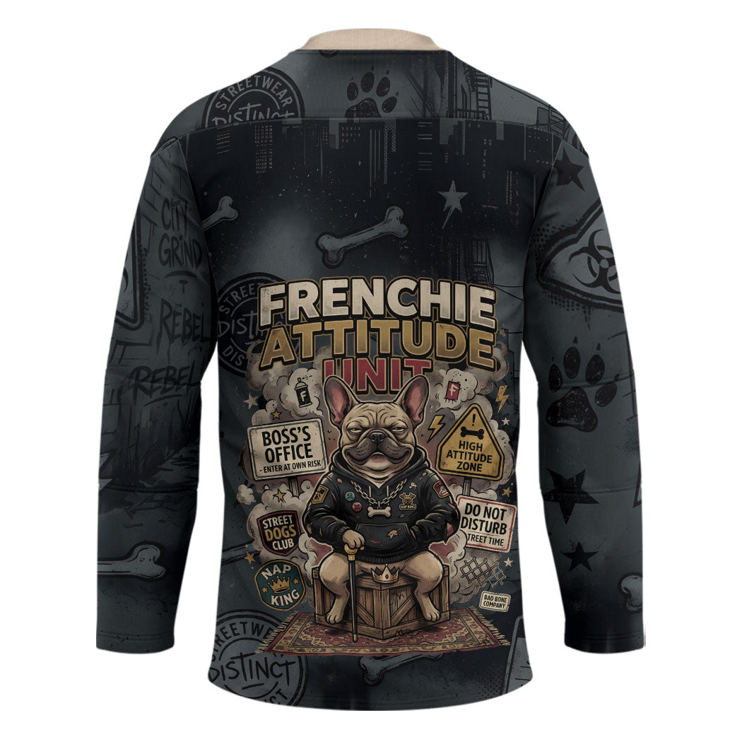 French Bulldog Tiny Body Major Attitude Hockey Jersey Urban Streetwear Cool Frenchie Mascot Art