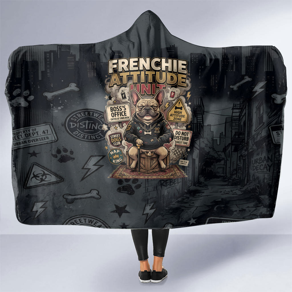 French Bulldog Tiny Body Major Attitude Hooded Blanket Urban Streetwear Cool Frenchie Mascot Art