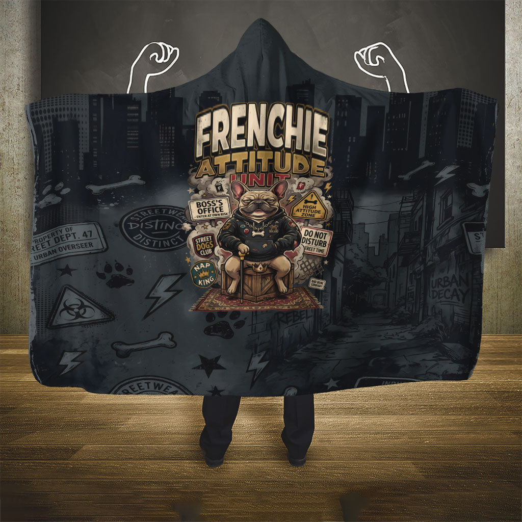 French Bulldog Tiny Body Major Attitude Hooded Blanket Urban Streetwear Cool Frenchie Mascot Art