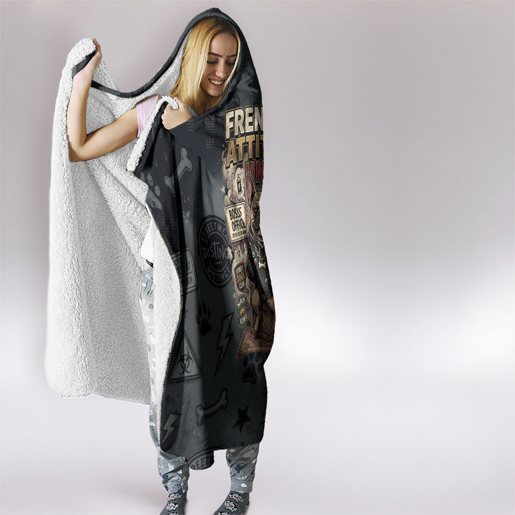French Bulldog Tiny Body Major Attitude Hooded Blanket Urban Streetwear Cool Frenchie Mascot Art