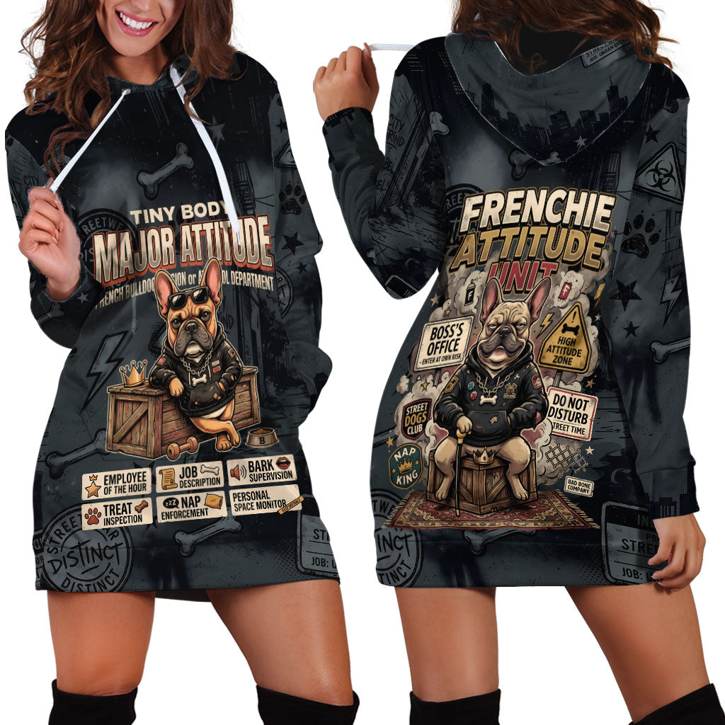 French Bulldog Tiny Body Major Attitude Hoodie Dress Urban Streetwear Cool Frenchie Mascot Art