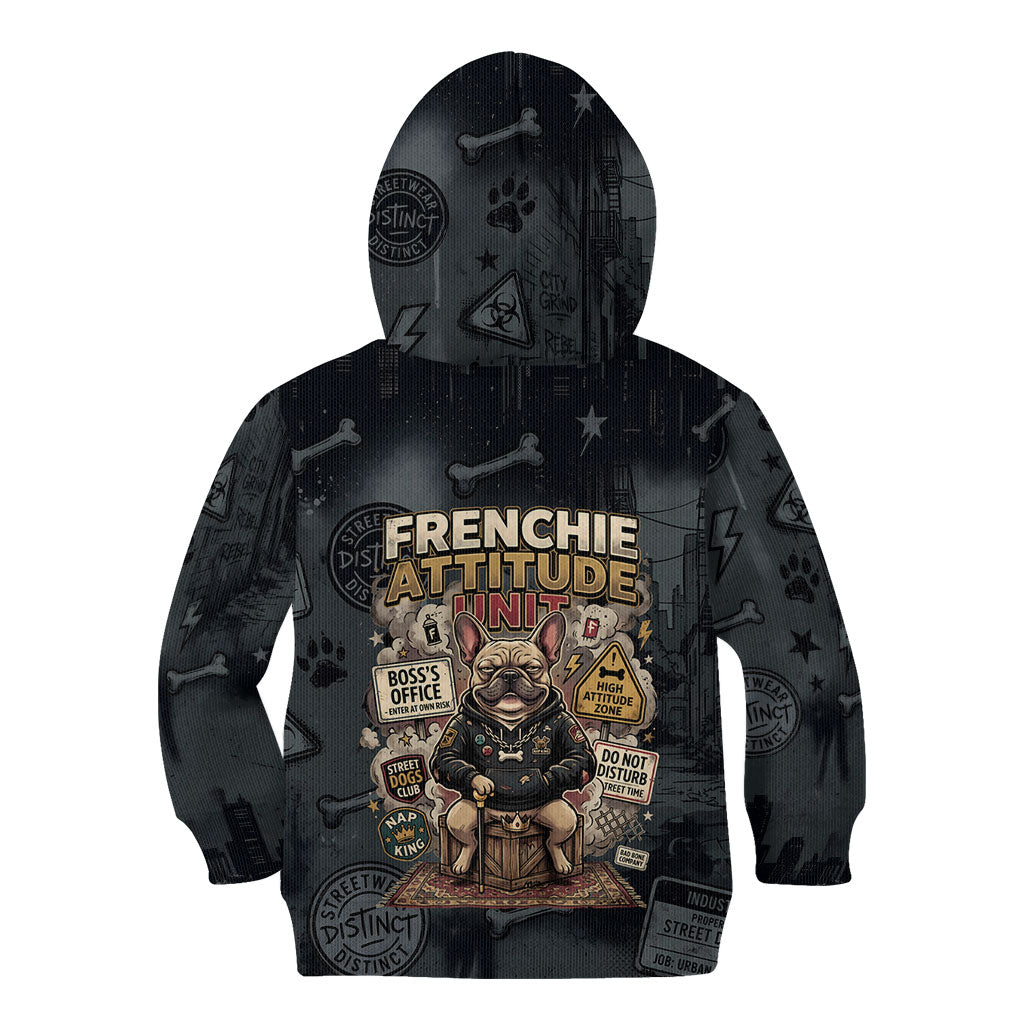 French Bulldog Tiny Body Major Attitude Kid Hoodie Urban Streetwear Cool Frenchie Mascot Art