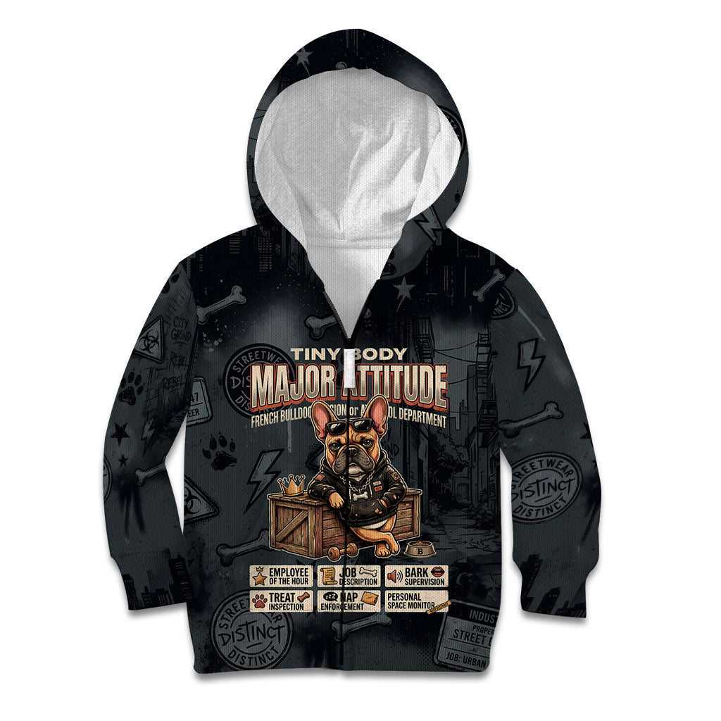 French Bulldog Tiny Body Major Attitude Kid Hoodie Urban Streetwear Cool Frenchie Mascot Art