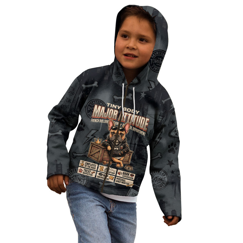 French Bulldog Tiny Body Major Attitude Kid Hoodie Urban Streetwear Cool Frenchie Mascot Art