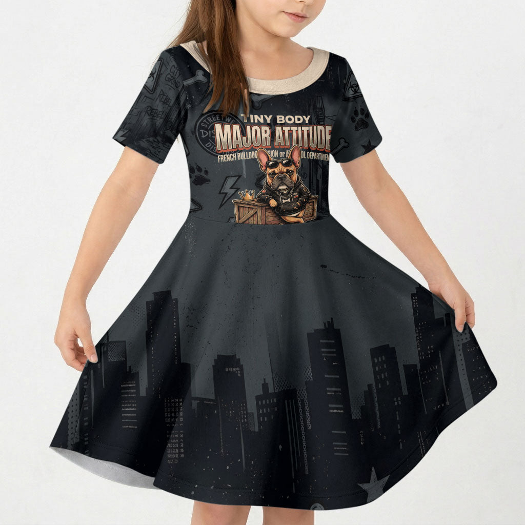 French Bulldog Tiny Body Major Attitude Kid Short Sleeve Dress Urban Streetwear Cool Frenchie Mascot Art