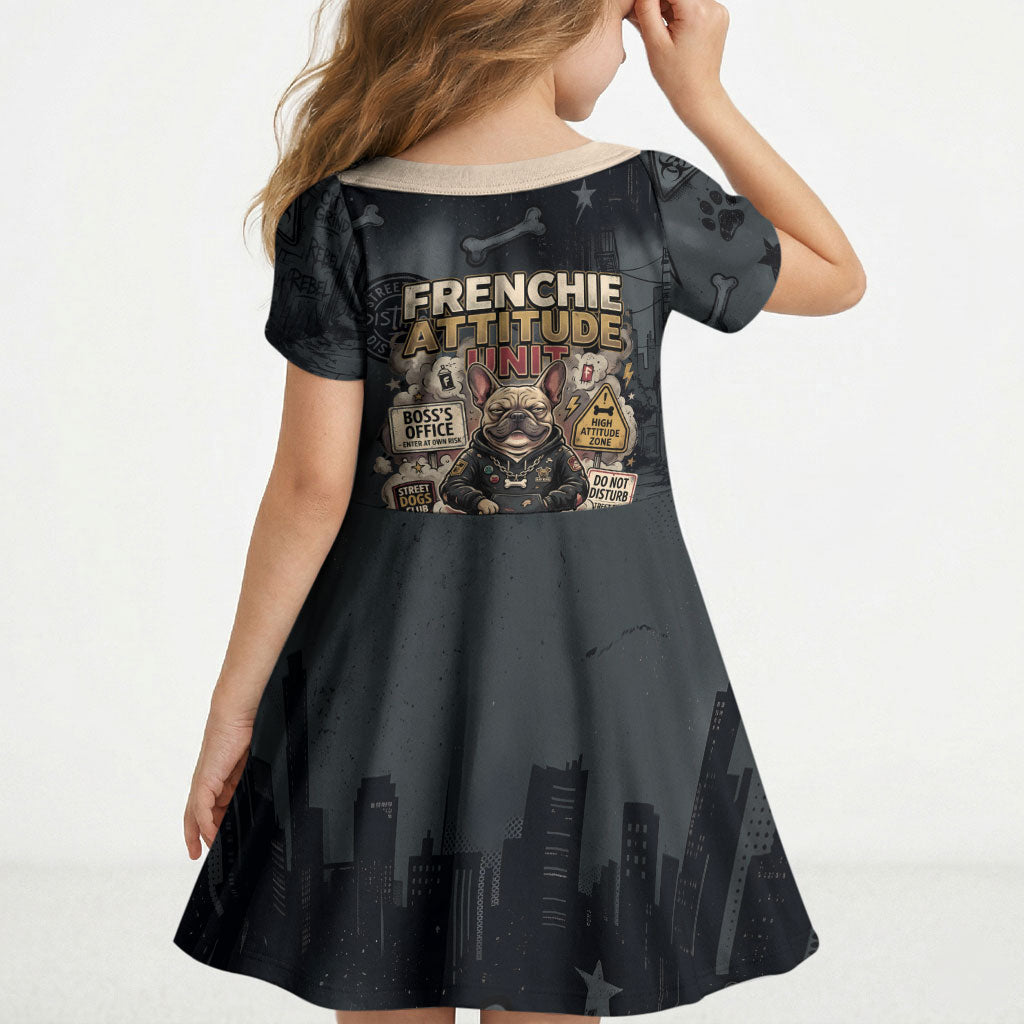 French Bulldog Tiny Body Major Attitude Kid Short Sleeve Dress Urban Streetwear Cool Frenchie Mascot Art