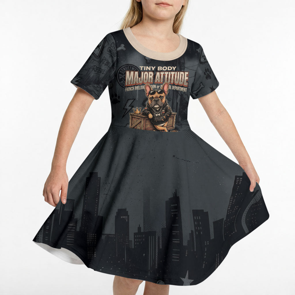 French Bulldog Tiny Body Major Attitude Kid Short Sleeve Dress Urban Streetwear Cool Frenchie Mascot Art