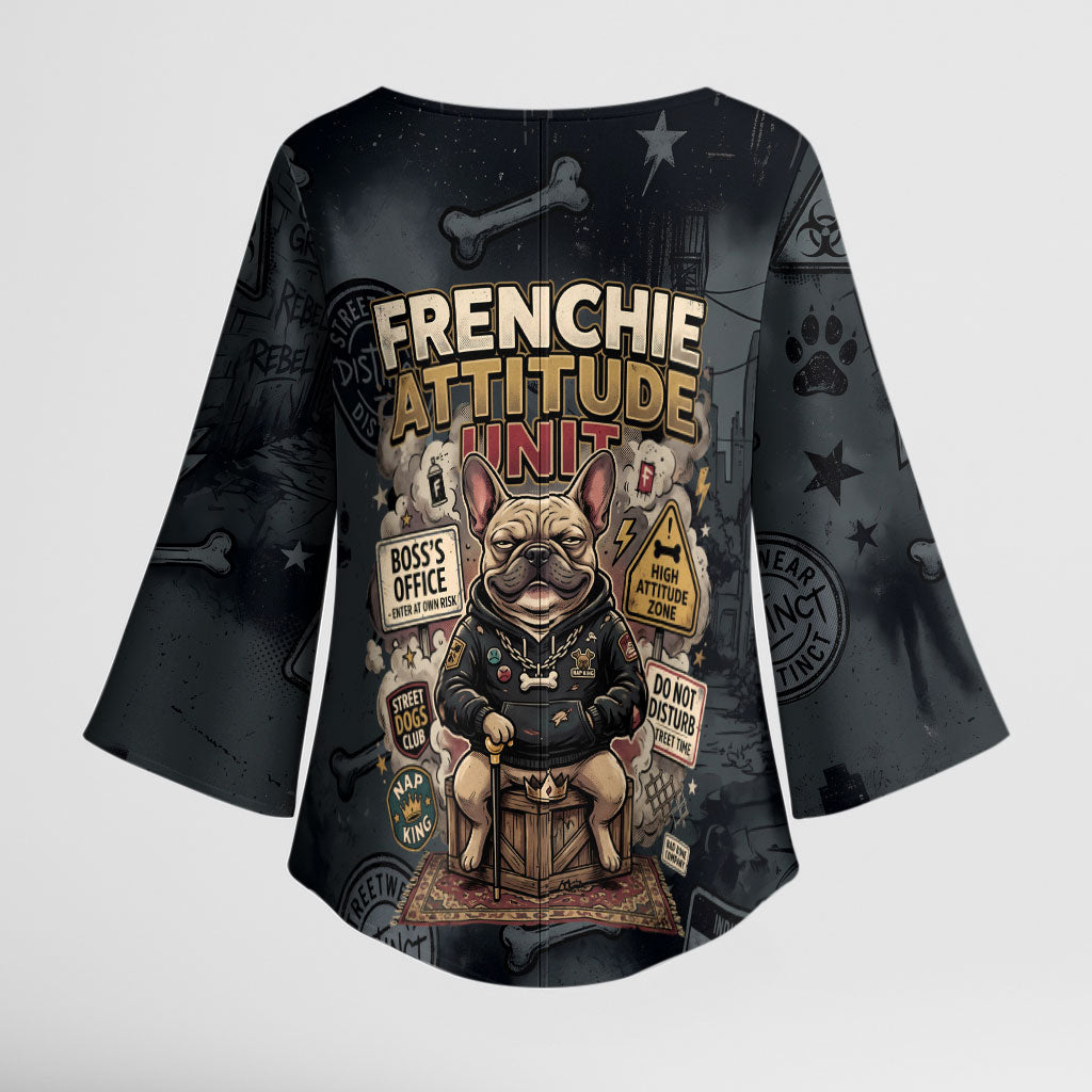 French Bulldog Tiny Body Major Attitude Kimono Sleeve Blouse Urban Streetwear Cool Frenchie Mascot Art