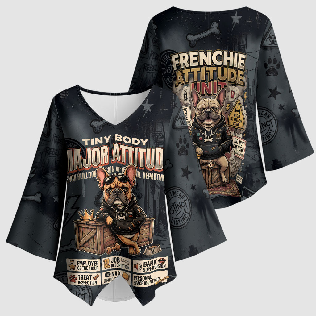 French Bulldog Tiny Body Major Attitude Kimono Sleeve Blouse Urban Streetwear Cool Frenchie Mascot Art