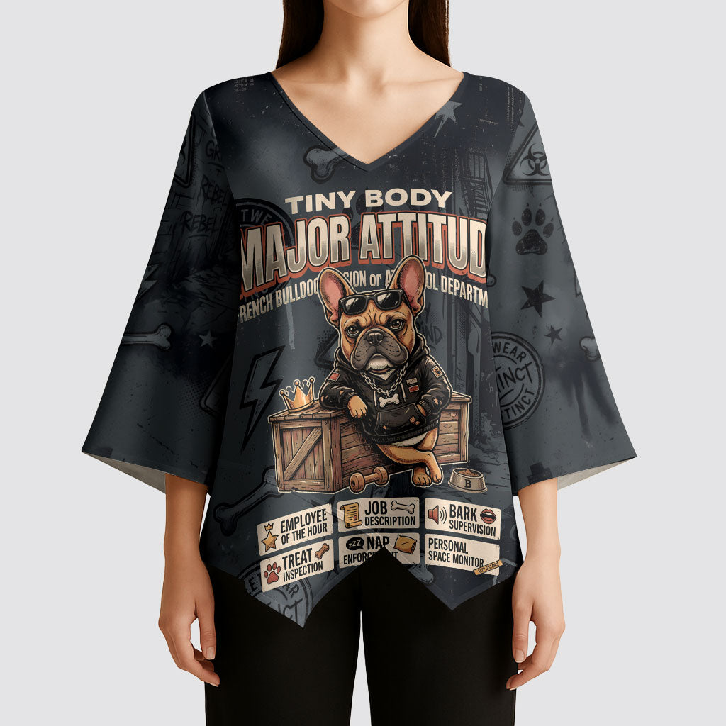 French Bulldog Tiny Body Major Attitude Kimono Sleeve Blouse Urban Streetwear Cool Frenchie Mascot Art