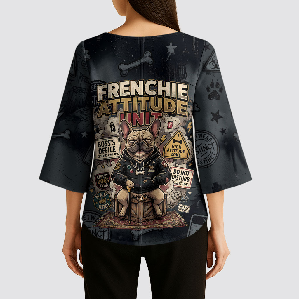 French Bulldog Tiny Body Major Attitude Kimono Sleeve Blouse Urban Streetwear Cool Frenchie Mascot Art