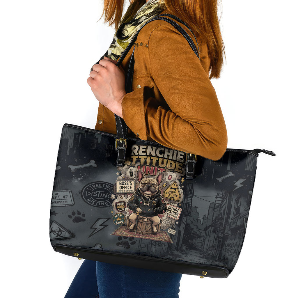 French Bulldog Tiny Body Major Attitude Leather Tote Bag Urban Streetwear Cool Frenchie Mascot Art