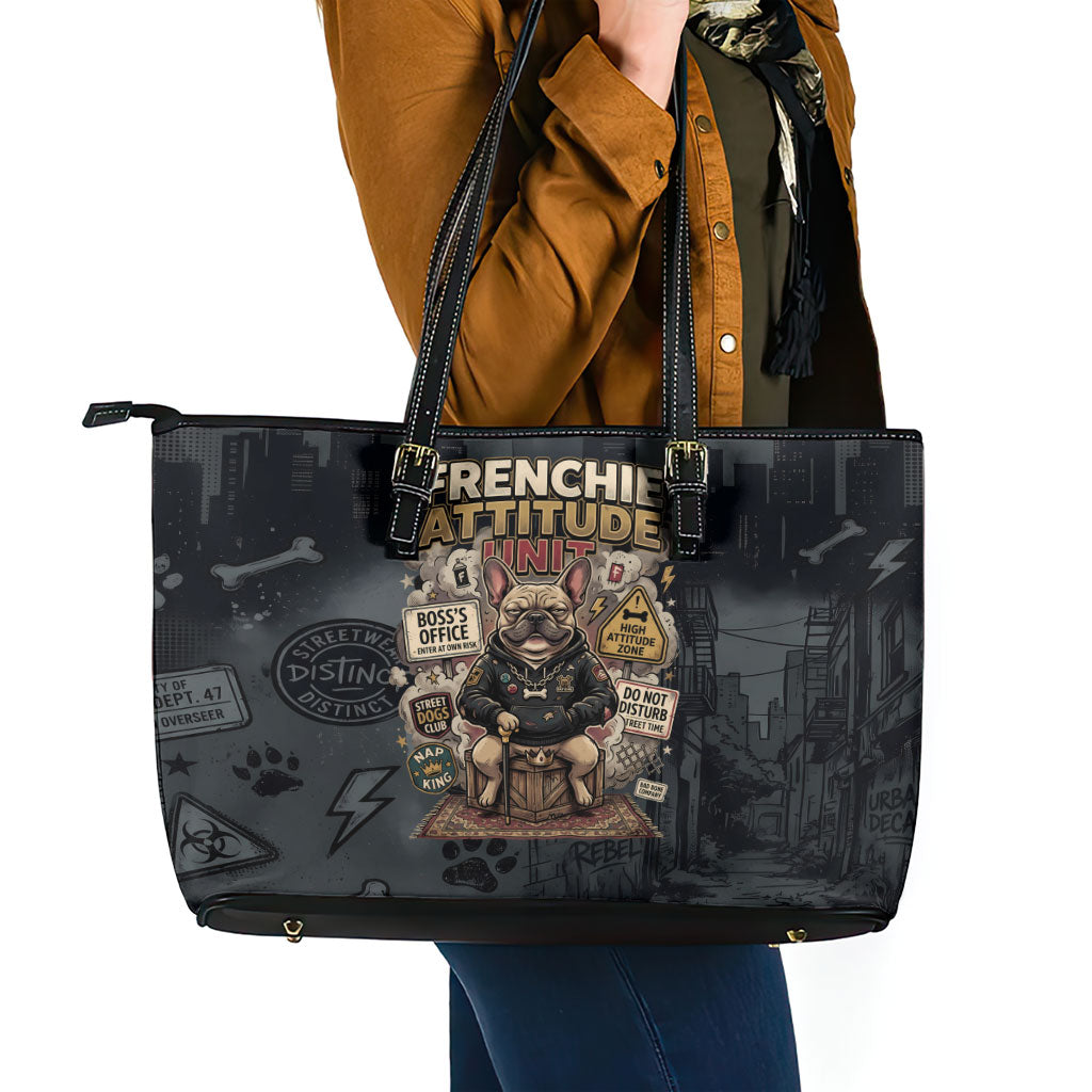 French Bulldog Tiny Body Major Attitude Leather Tote Bag Urban Streetwear Cool Frenchie Mascot Art