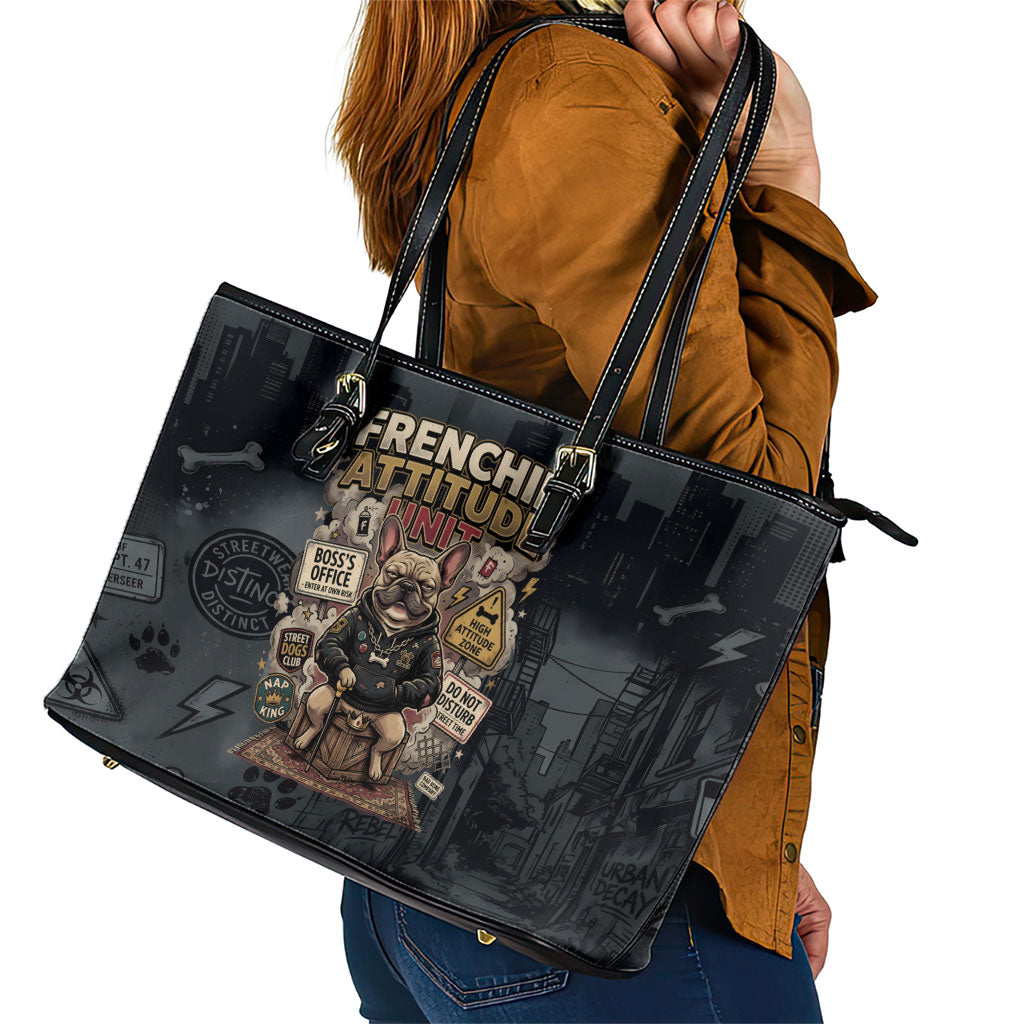 French Bulldog Tiny Body Major Attitude Leather Tote Bag Urban Streetwear Cool Frenchie Mascot Art