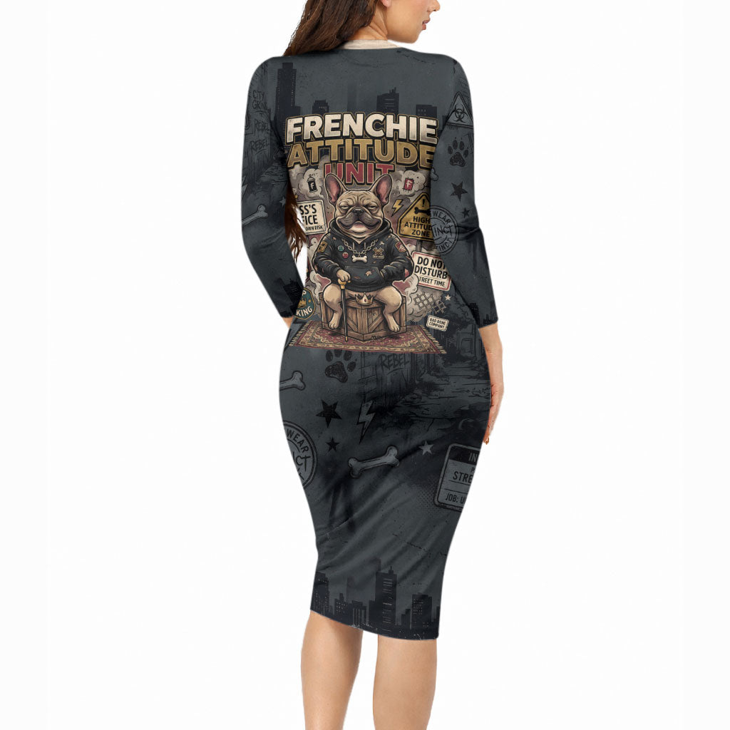 French Bulldog Tiny Body Major Attitude Long Sleeve Bodycon Dress Urban Streetwear Cool Frenchie Mascot Art