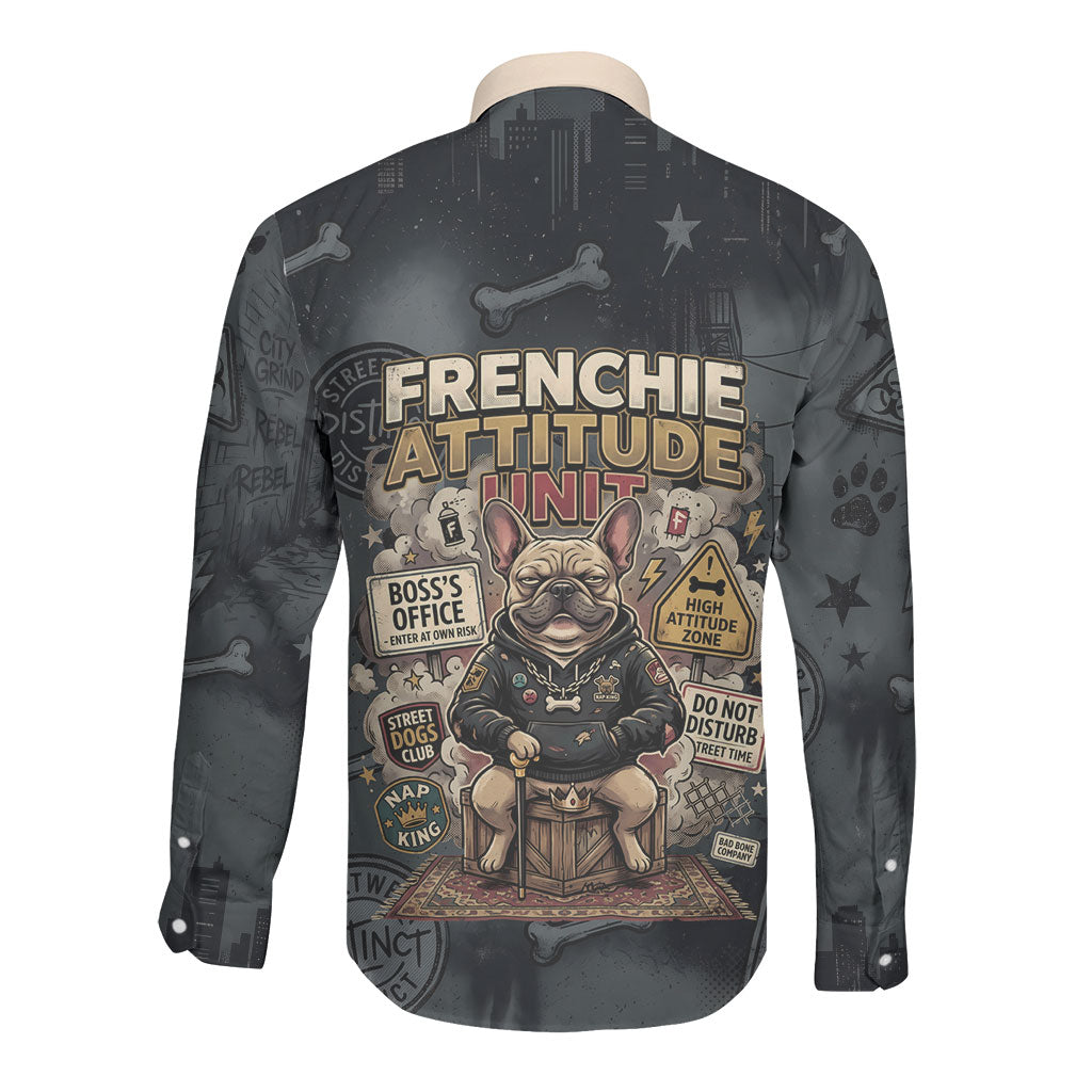 French Bulldog Tiny Body Major Attitude Long Sleeve Button Shirt Urban Streetwear Cool Frenchie Mascot Art