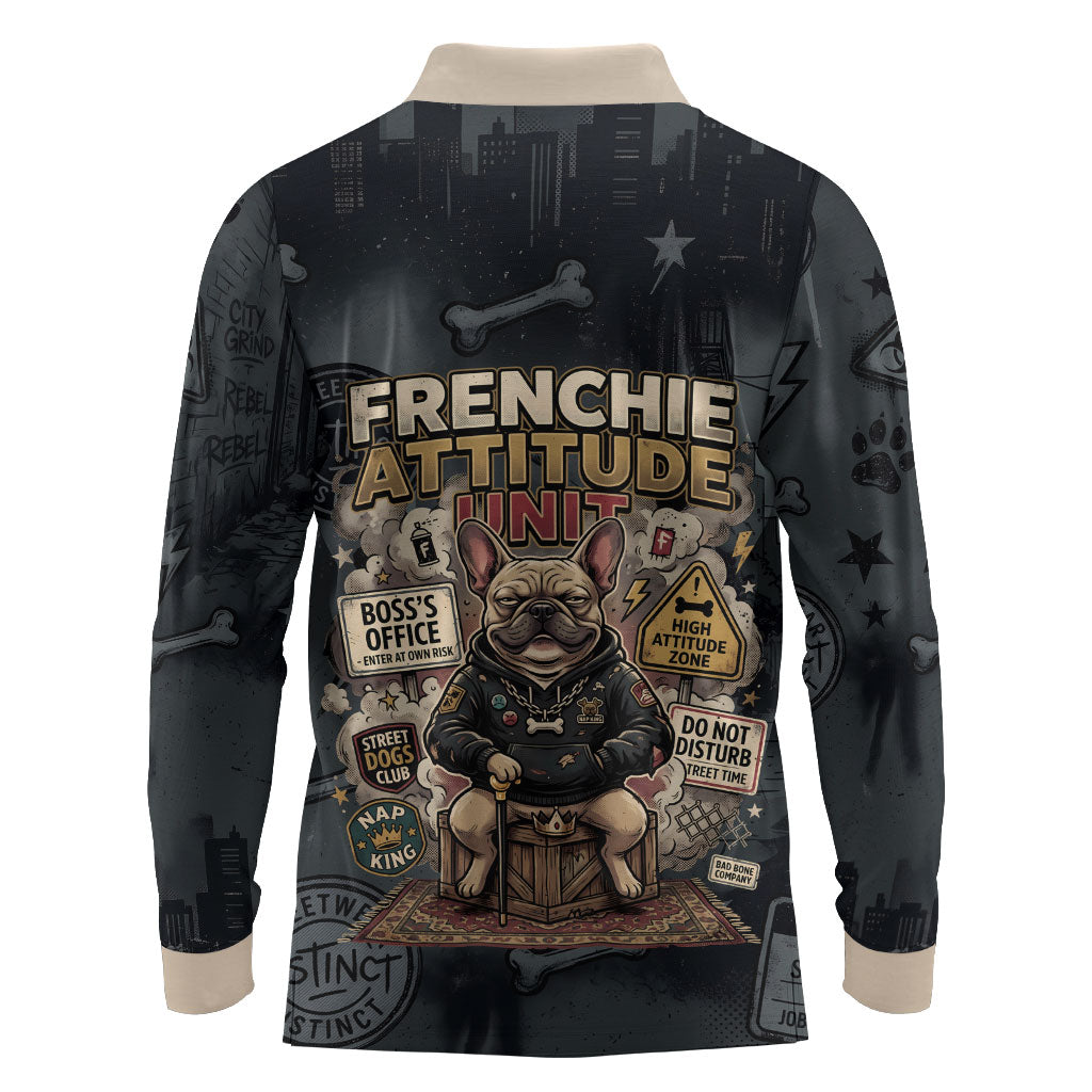 French Bulldog Tiny Body Major Attitude Long Sleeve Polo Shirt Urban Streetwear Cool Frenchie Mascot Art