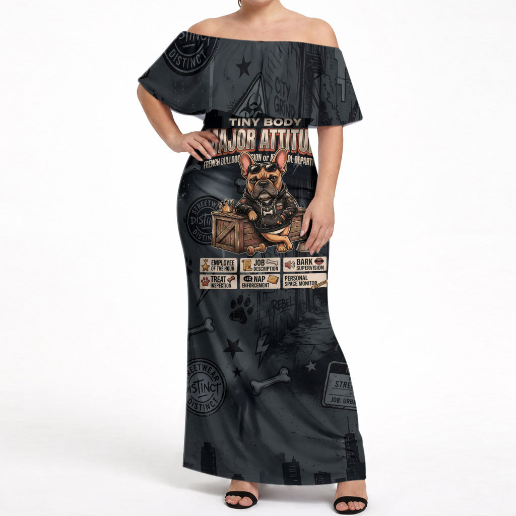 French Bulldog Tiny Body Major Attitude Off Shoulder Maxi Dress Urban Streetwear Cool Frenchie Mascot Art