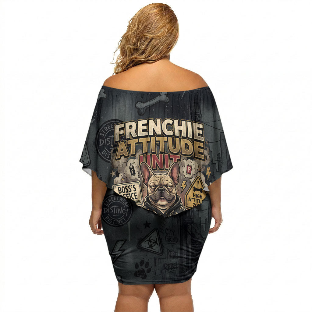 French Bulldog Tiny Body Major Attitude Off Shoulder Short Dress Urban Streetwear Cool Frenchie Mascot Art