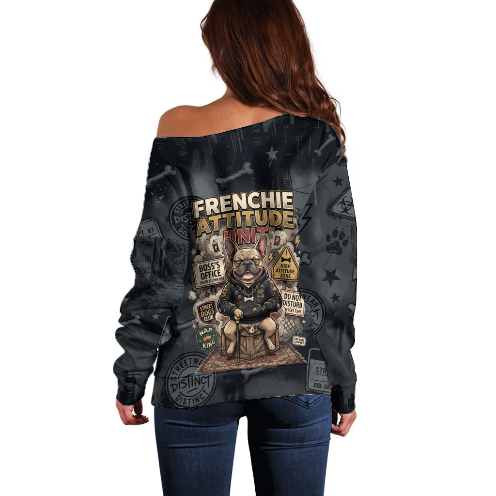 French Bulldog Tiny Body Major Attitude Off Shoulder Sweater Urban Streetwear Cool Frenchie Mascot Art