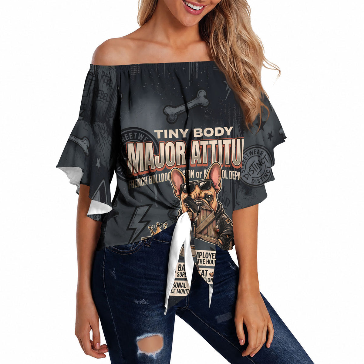 French Bulldog Tiny Body Major Attitude Off Shoulder Wrap Waist Top Urban Streetwear Cool Frenchie Mascot Art